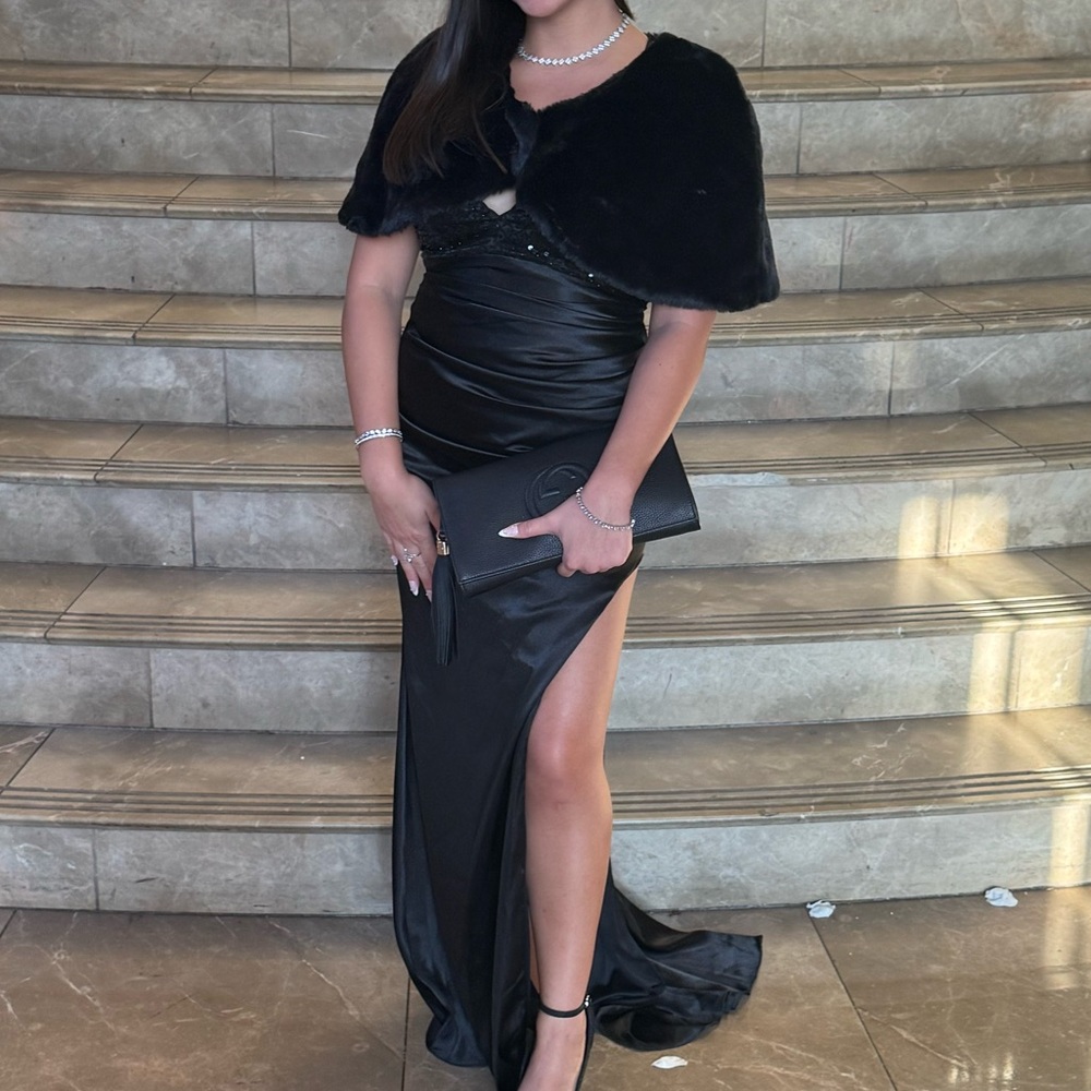 Black formal floor length dress with faux fur shawl